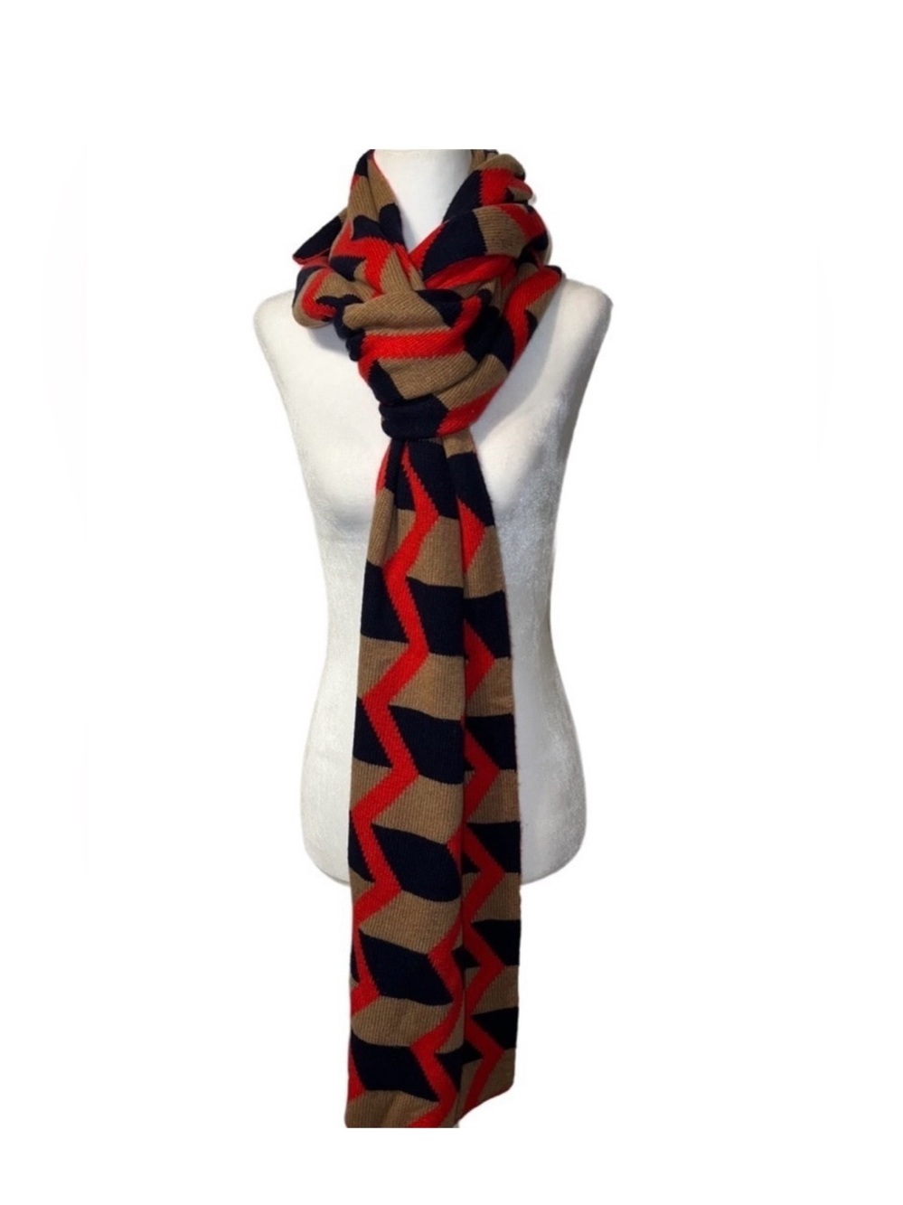 J. Crew Chevron and Stripe Red, Tan & Navy Geometric Knit Scarf - Picture 3 of 9